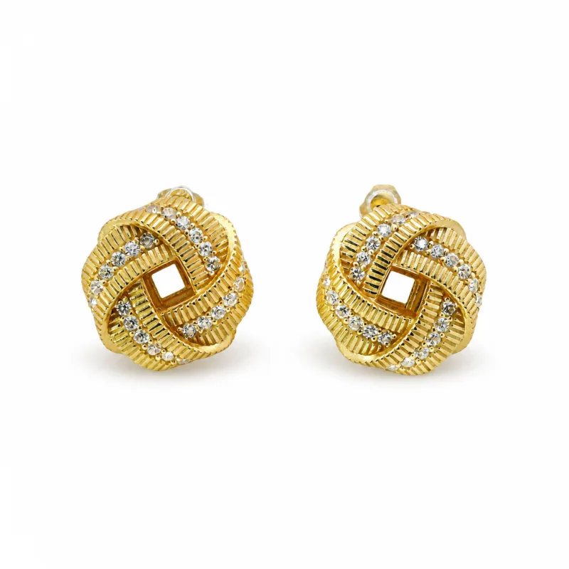 14KT Gold Earrings Medium Flat Four Ribbon Strand Plain Zipper Edge Knot with Plain Borders, Push Back Post, and Butterfly Backs