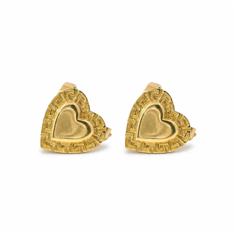 14KT Gold Earring Small Engravable Greek Border Heart with Push Back Post and Butterfly Backs