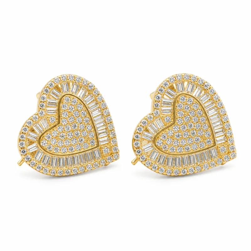 14KT Gold Earrings Medium Heart White Round CZ Stones Cluster Center and Edge, Baguette CZ Stones Border, Push Back Post, and Butterfly Backs