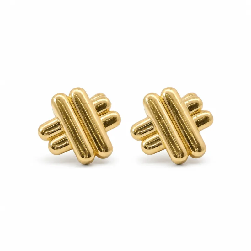 14KT Gold Earrings Medium Plain Puff Hashtag with Push Back Post and Butterfly Backs