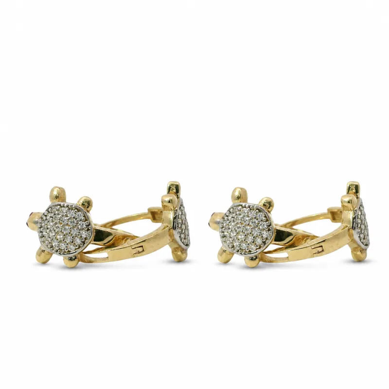14KT Gold Earring Medium White CZ Stones Turtle Center with Red CZ Eyes and Plain Feet Huggie