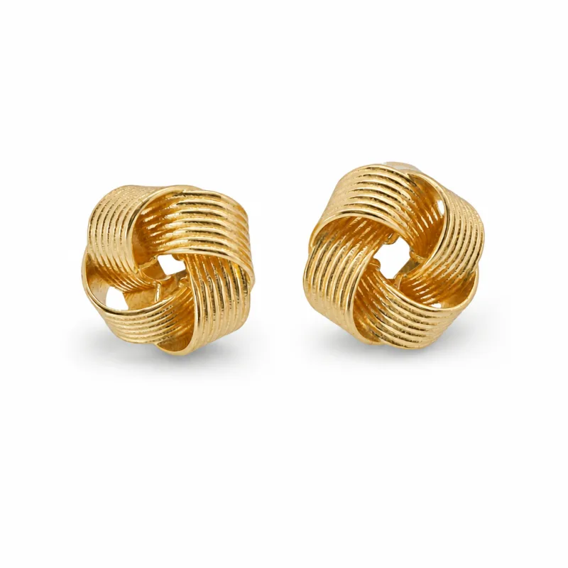 14KT Gold Earrings Medium Four Cord Strand Plain Open Flattened Square Knot with Plain Borders, Push Back Post, and Butterfly Backs
