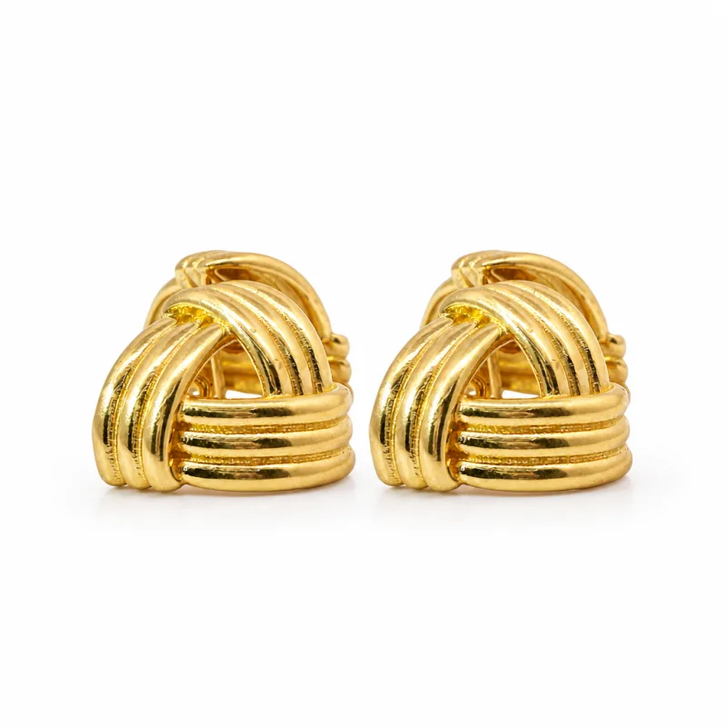 14KT Gold Earrings Medium Ribbed Three Strand Triangle Knot with Push Back Post and Butterfly Backs