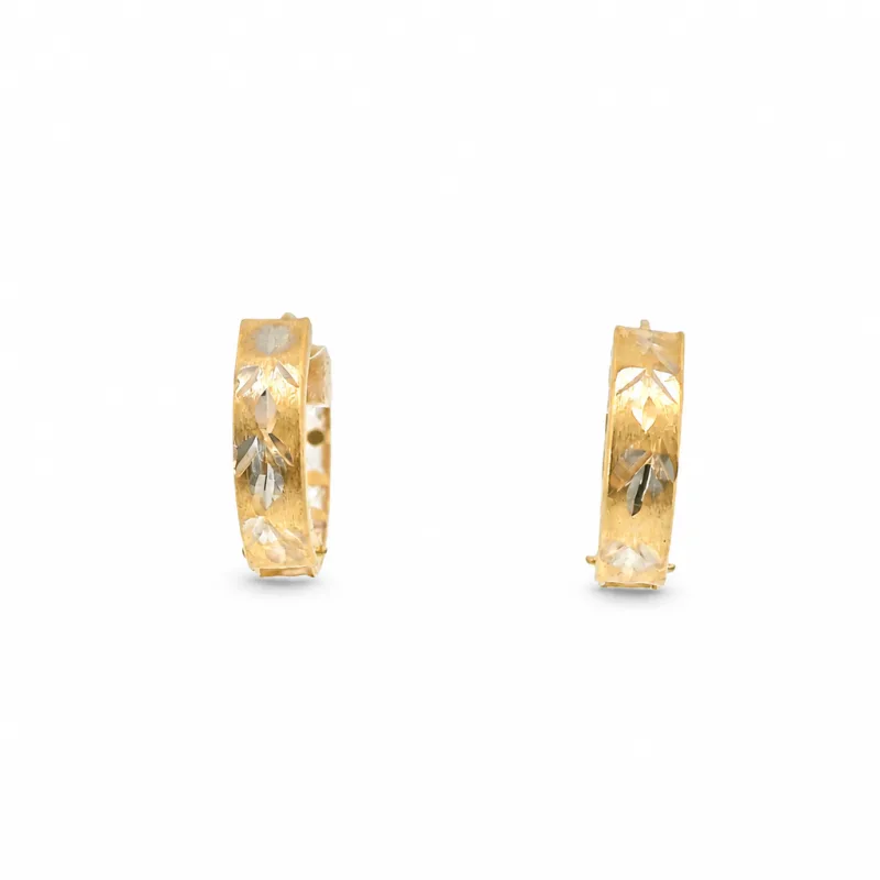 14KT Gold Earring Small White CZ Stones Single Row Hoops with Two Tone Diamond Cut Leaf Print Back Huggie