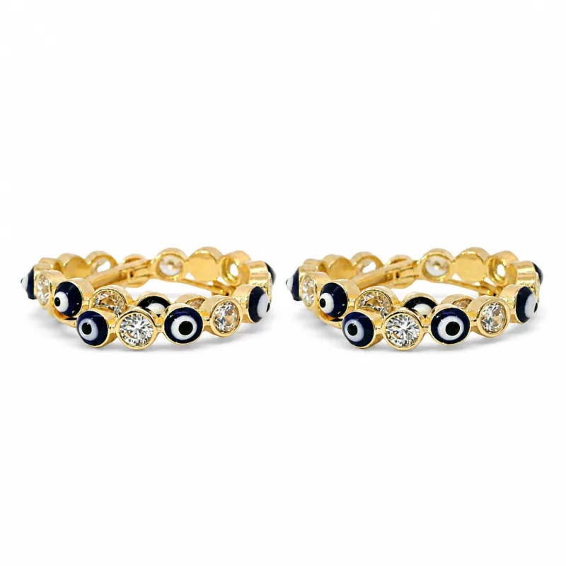 14KT Gold Earring Medium White CZ Stones Round Navy Blue Evil Eye Center with White and Navy Blue CZ Stones Border Huggie