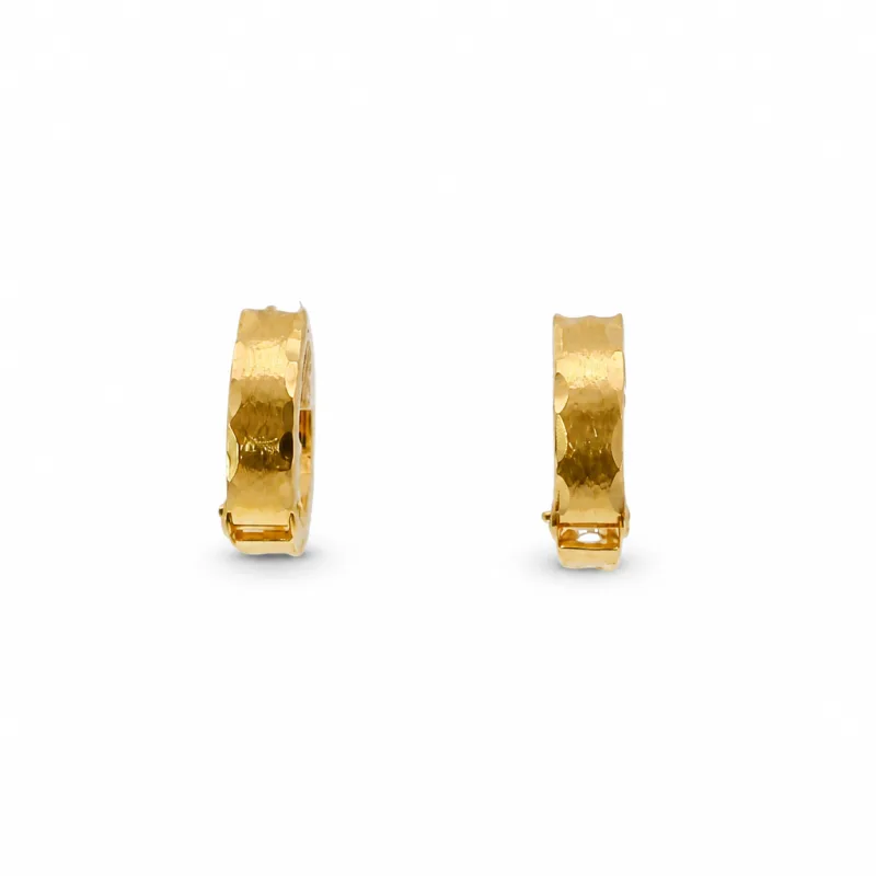 14KT Gold Earring Extra Small White CZ Stones Single Row Hoops with Plain Gold Diamond Cut Scallop Edge on Back Huggie