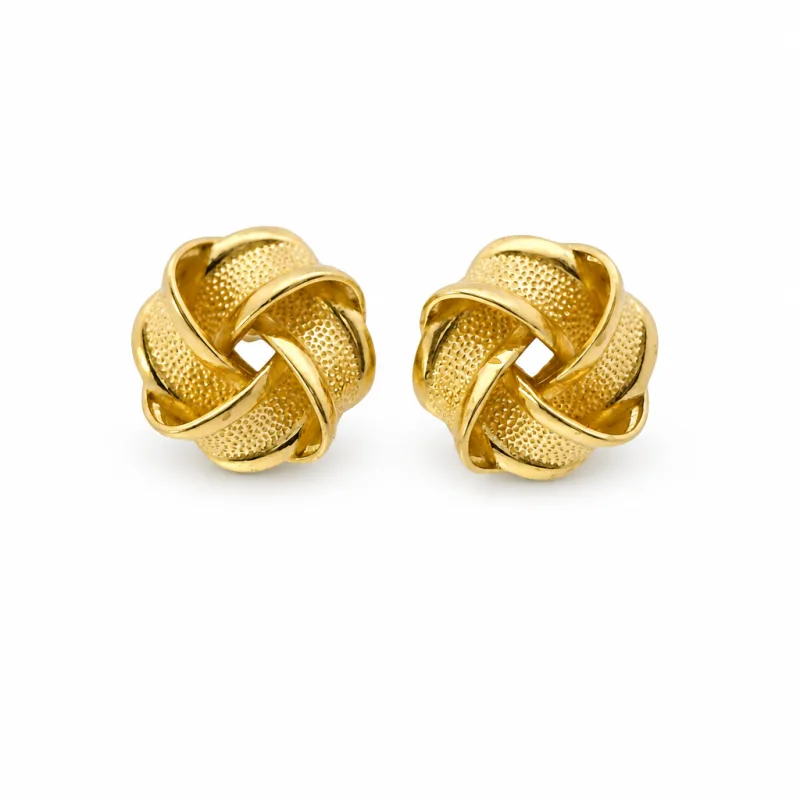 14KT Gold Earrings Medium Flat Four Ribbon Strand Plain Edge Sandblast Knot with Plain Borders, Push Back Post, and Butterfly Backs