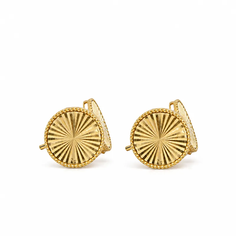 14KT Gold Earrings Small Sunray Round Circle with Dotted Border, Push Back Post and Butterfly Backs