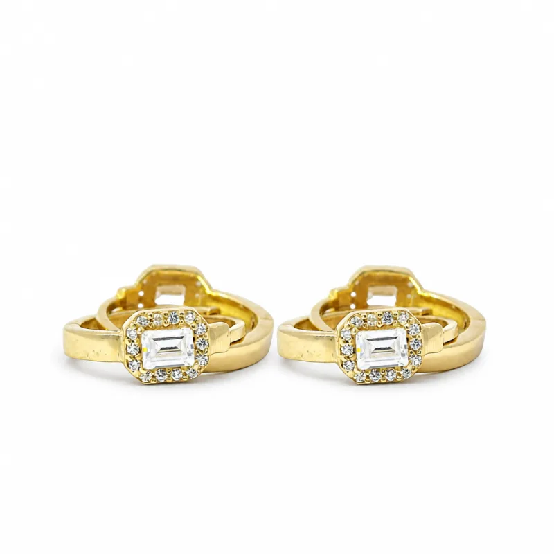 14KT Gold Earring Medium White CZ Stones Rectangle Center Huggie