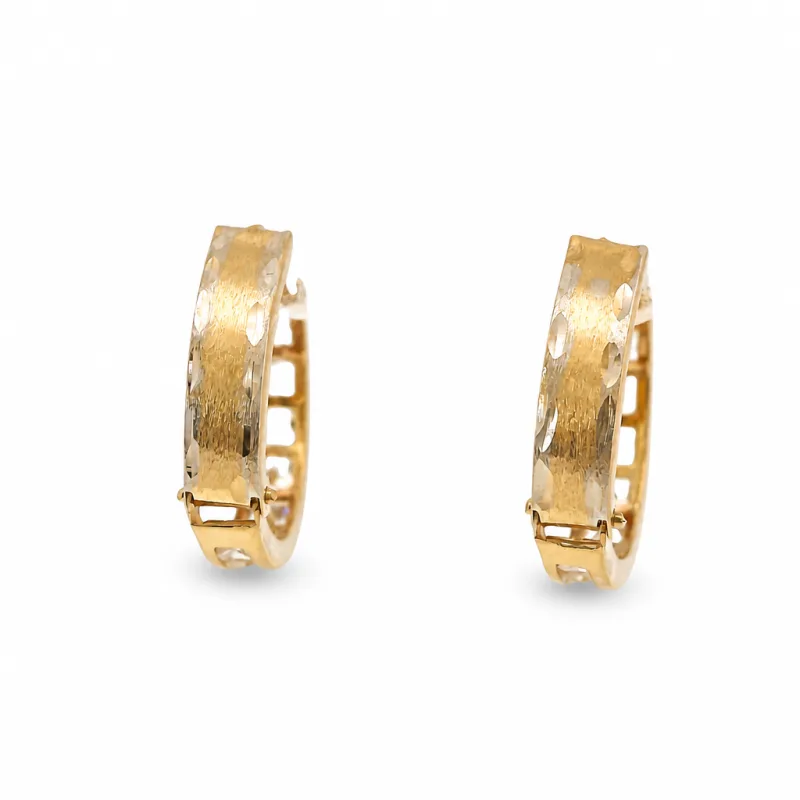 14KT Gold Earring Small White CZ Stones Single Row Hoops with Two Tone Diamond Cut Scallop Edge on Back Huggie