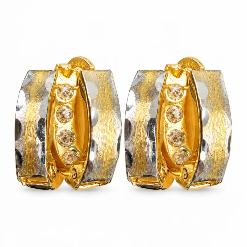 14KT Gold Earring Extra Small White CZ Stones Single Row Hoops with Two Tone Diamond Cut Scallop Edge on Back Huggie