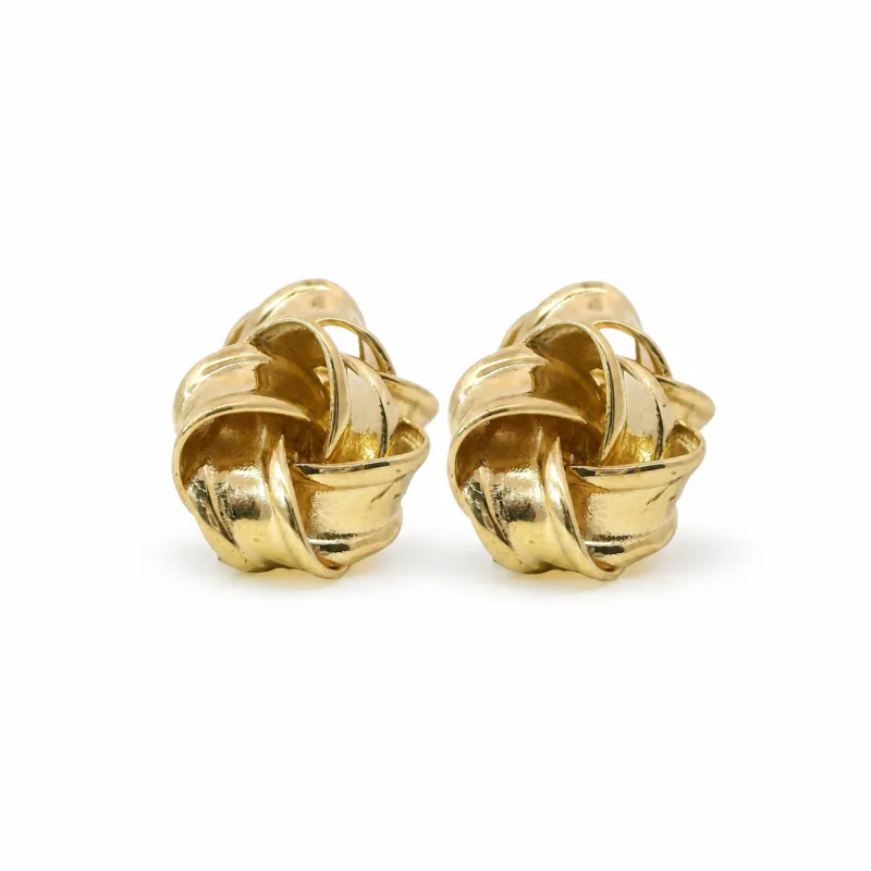 14KT Gold Earrings Medium Four Ribbon Strand Plain Pinwheel Knot with Plain Borders, Push Back Post, and Butterfly Backs