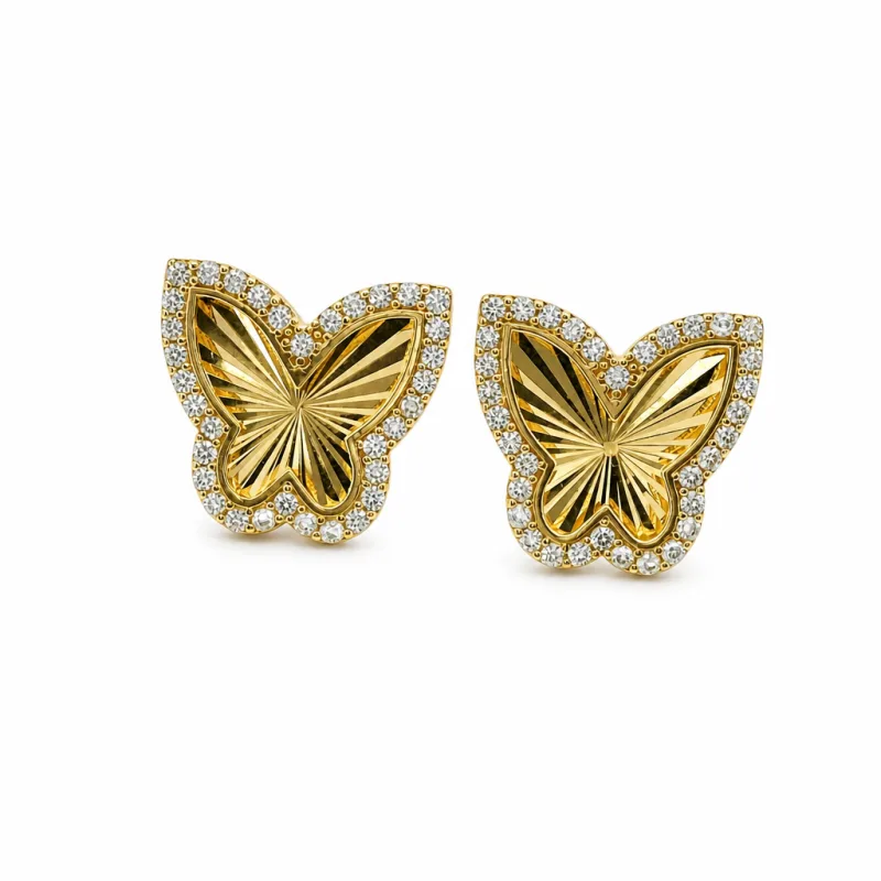 14KT Gold Earrings Medium Sunray Butterfly with White CZ Stones, Push Back Post and Butterfly Backs