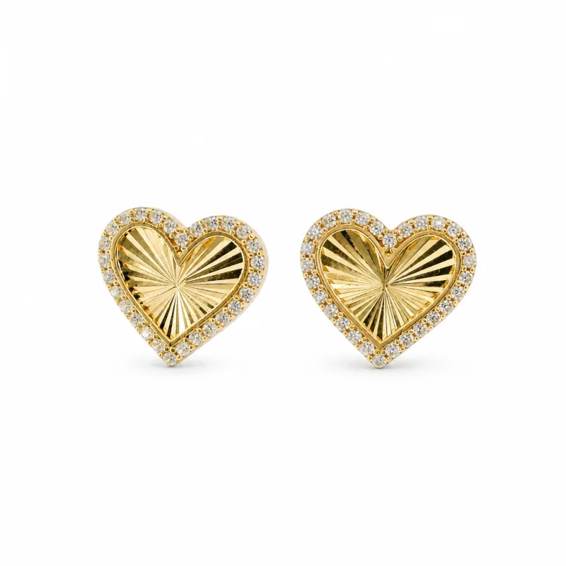 14KT Gold Earrings Medium Sunray Heart with White CZ Stones, Push Back Post and Butterfly Backs