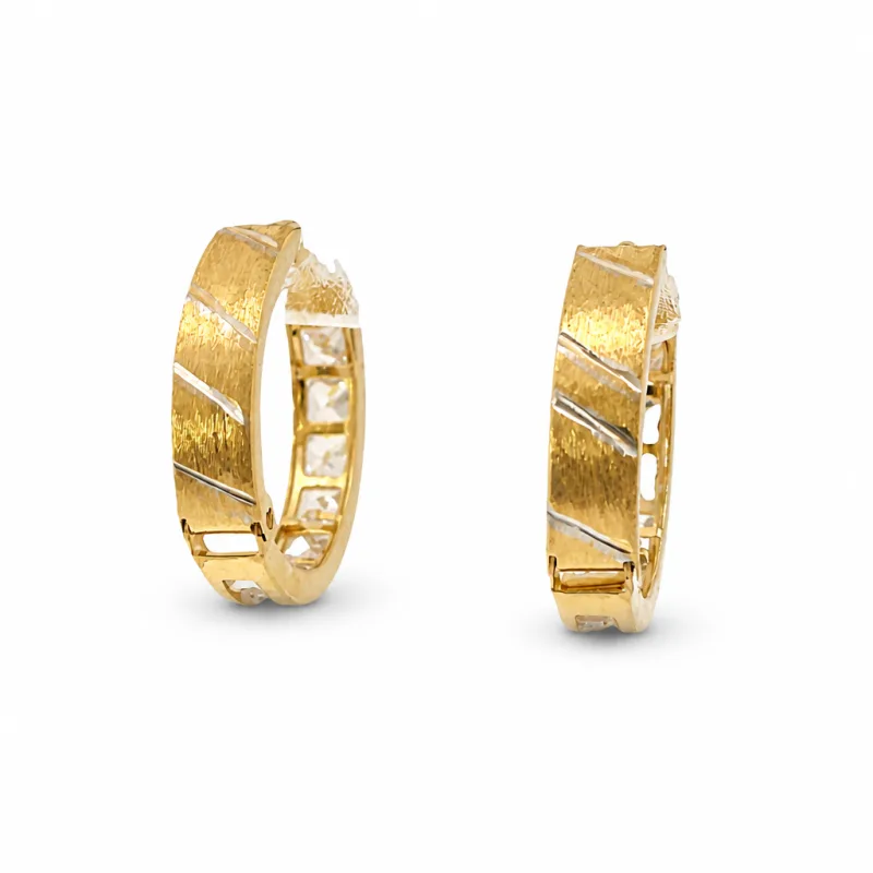 14KT Gold Earring Small White CZ Stones Single Row Hoops with Two Tone Diagonal Stripe Diamond Cut Back Huggie