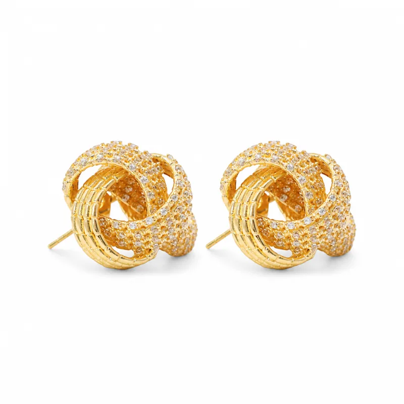 14KT Gold Earrings Medium White CZ Stones Braided Cords Knot with Push Back Post and Butterfly Backs