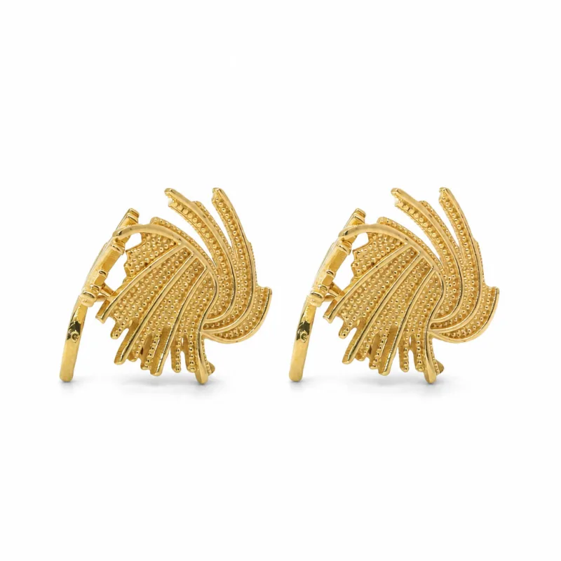 14KT Gold Earrings Medium Feathered Spiral with White CZ Stones and Push Back Post and Butterfly Backs