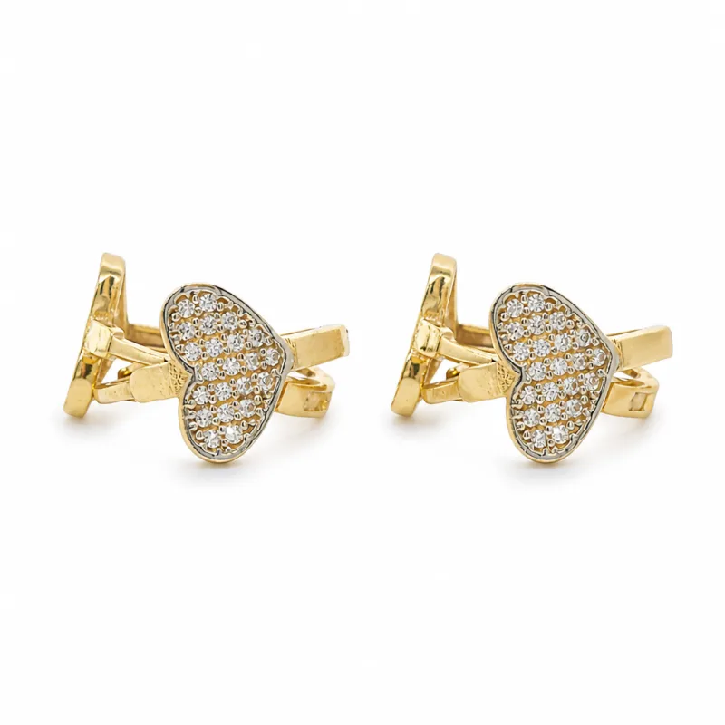 14KT Gold Earring Medium White CZ Stones Heart Center Huggie