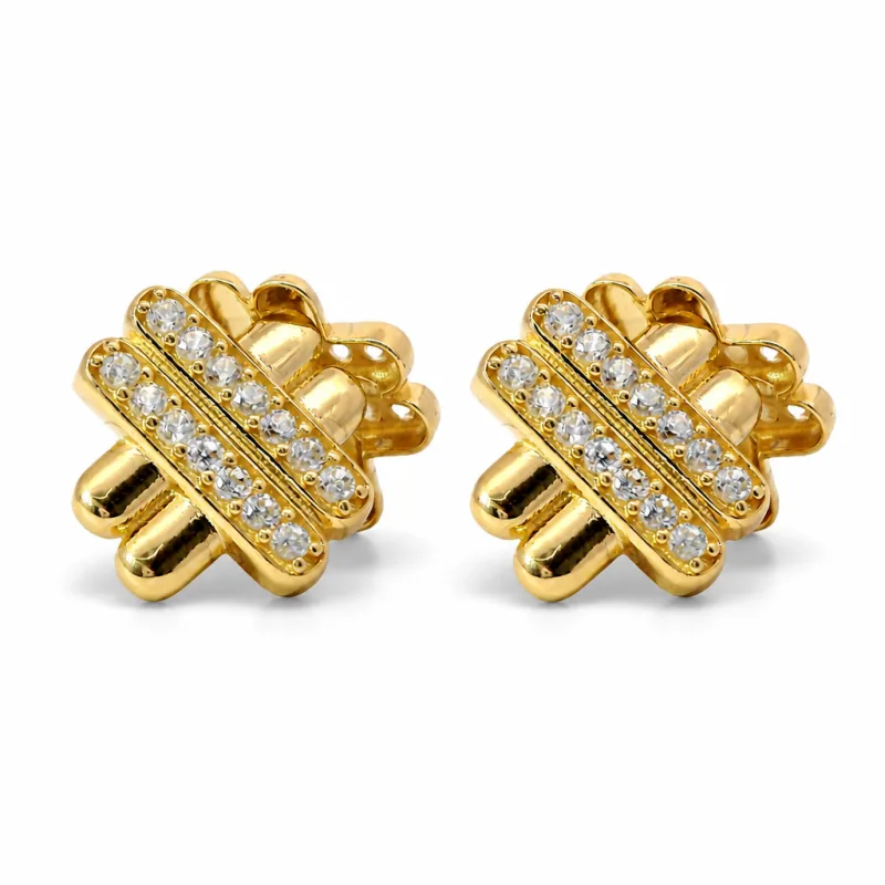14KT Gold Earrings Medium White CZ Stones Puff Hashtag with Push Back Post and Butterfly Backs