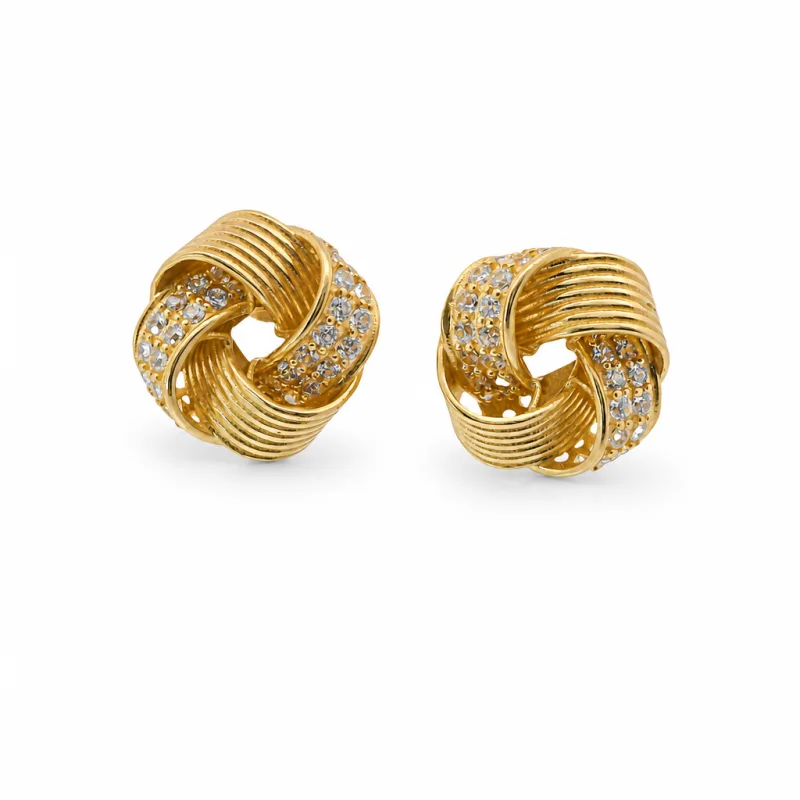 14KT Gold Earrings Medium Four Cord Strand White CZ Stones Open Flattened Square Knot with Plain Borders, Push Back Post, and Butterfly Backs