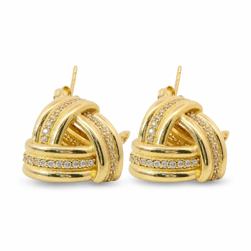 14KT Gold Earrings Medium White CZ Stones Ribbed Three Strand Triangle Knot with Push Back Post and Butterfly Backs