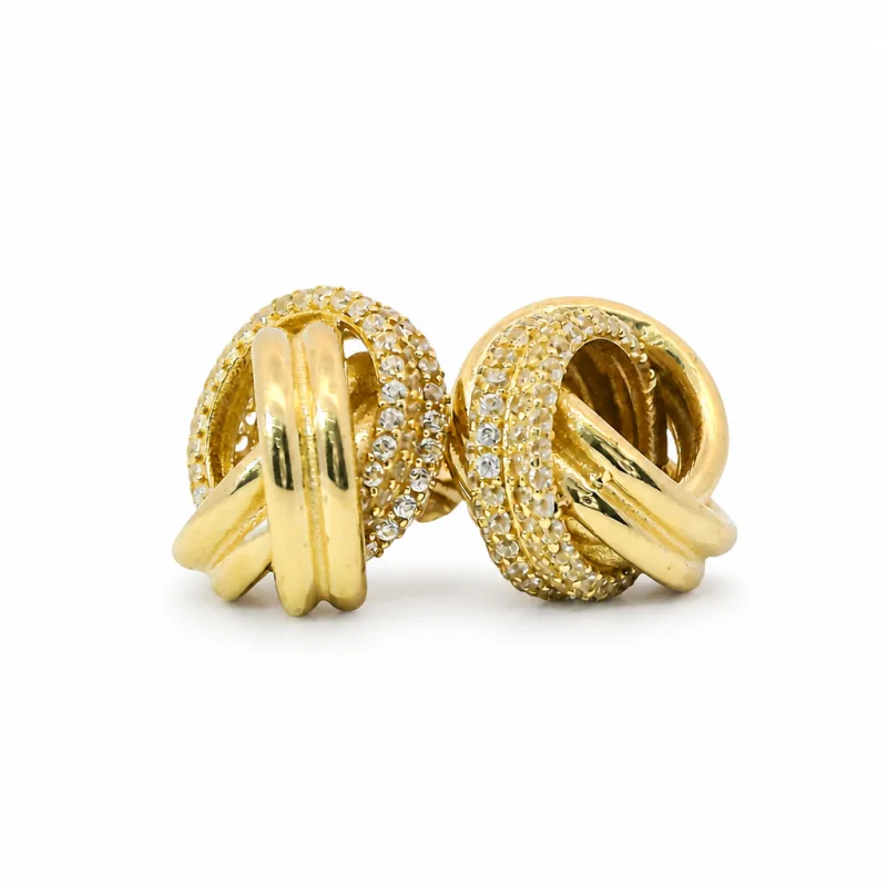 14KT Gold Earrings Medium Two Strand Round White CZ Stones Knot with Push Back Post and Butterfly Backs