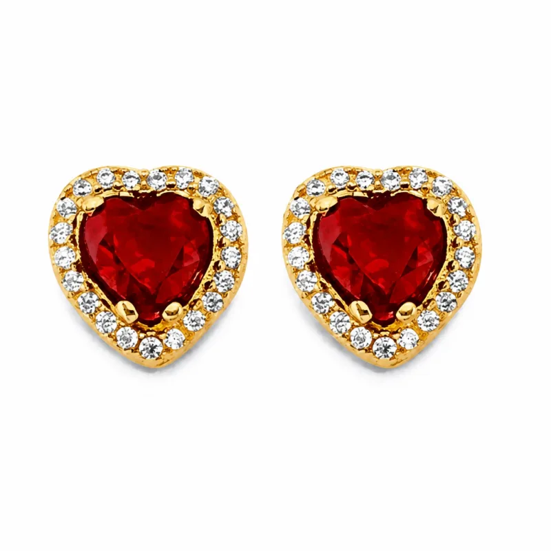 14KT Gold Earring Small Red Heart Center CZ Stone with White CZ Stones Border with Push Back Post and Butterfly Backs