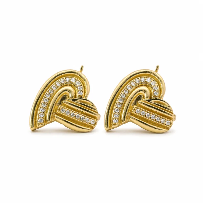 14KT Gold Earrings Medium Ribbed Single Row White CZ Stones Heart with Push Back Post and Butterfly Backs