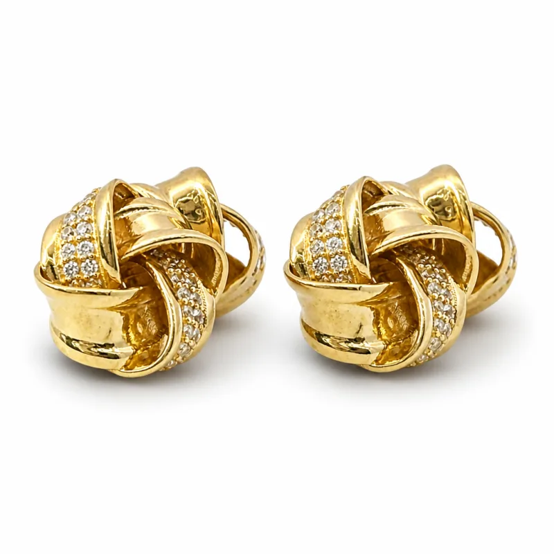 14KT Gold Earrings Medium Four Ribbon Strand White CZ Stones Pinwheel Knot with Plain Borders, Push Back Post, and Butterfly Backs