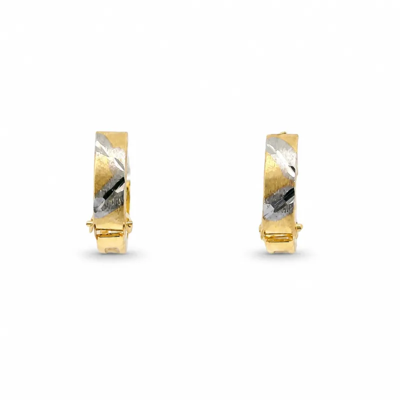 14KT Gold Earring Small White CZ Stones Single Row Hoops with Two Tone Zig Zag Diamond Cut Back Huggie