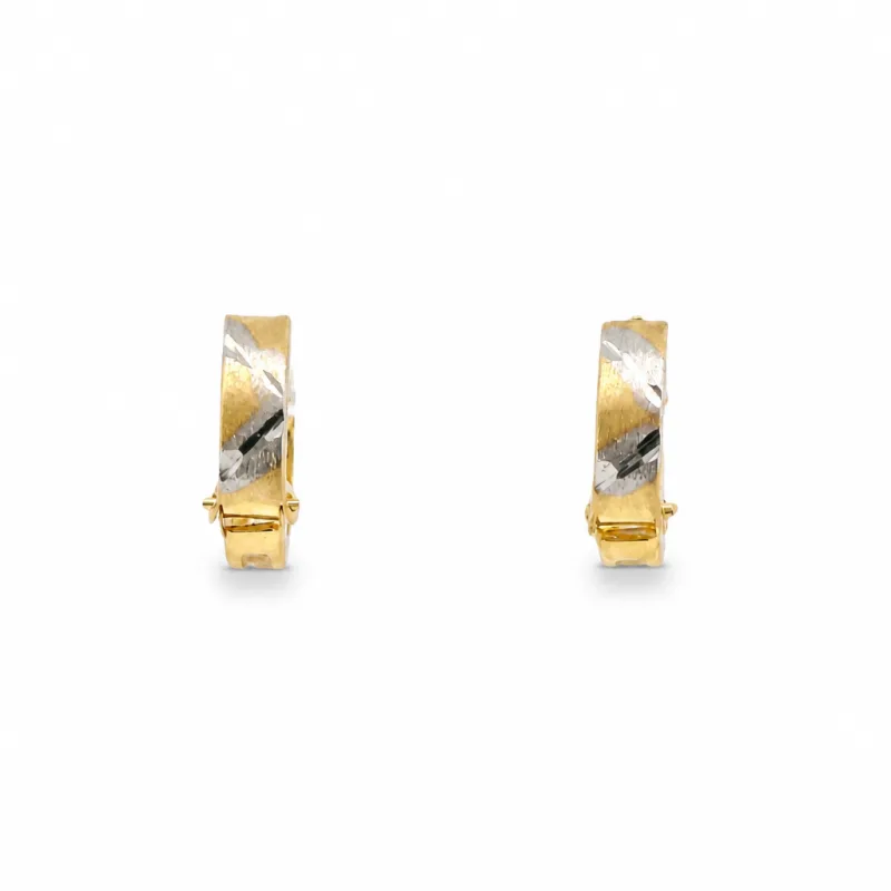 14KT Gold Earring Extra Small White CZ Stones Single Row Hoops with Two Tone Zig Zag Diamond Cut Back Huggie