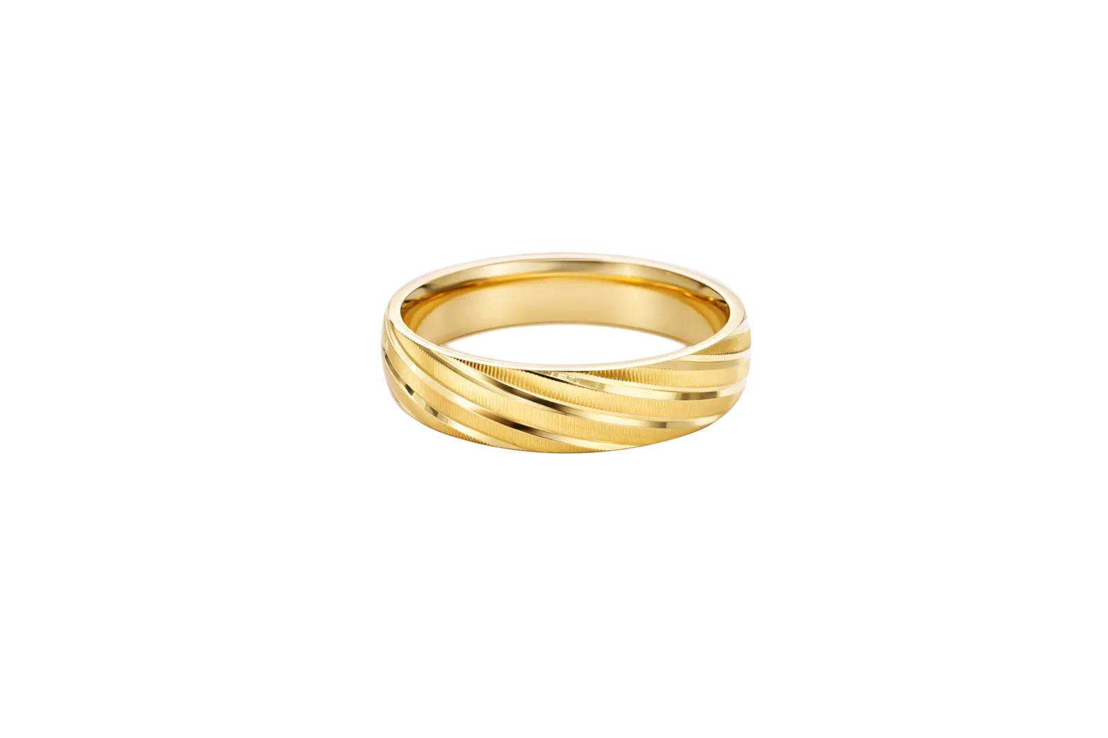 14KT Gold Ring Unisex Solid Domed Diagonal Plain Matt / Glossy Etched Twisted Stripes Band 6mm